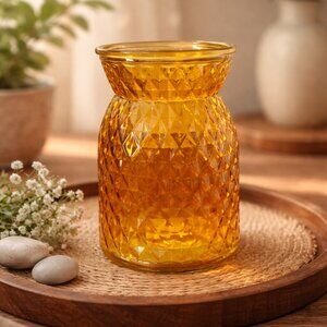 Amber Glass Vase | Diamond Cut Pattern | Mid-Century Style Decor